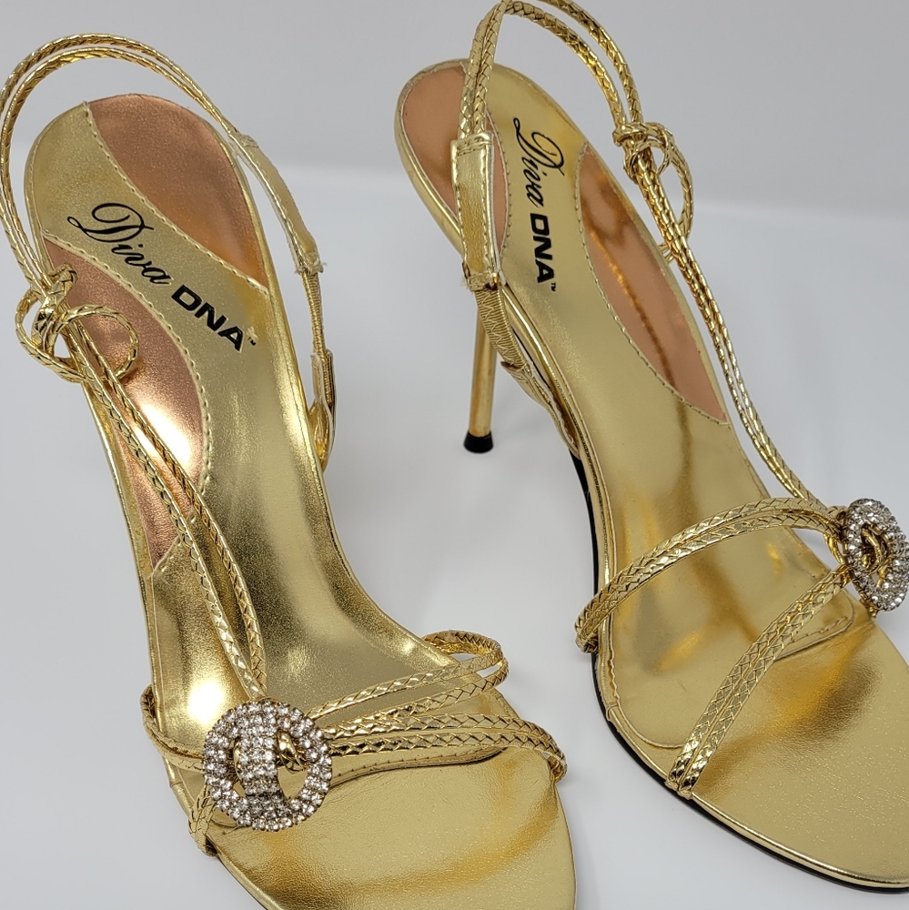 Metallic Gold Sandals/Rhinestone Heels